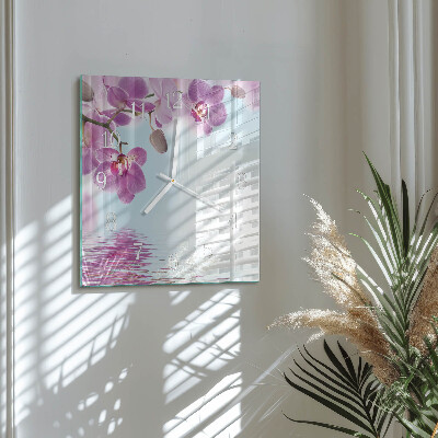 Čtvercové skleněné hodiny na stěnu Orchidej