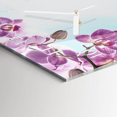 Čtvercové skleněné hodiny na stěnu Orchidej