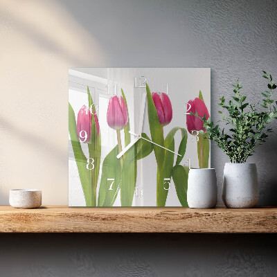 Hodiny na skle čtvercové Tulipány