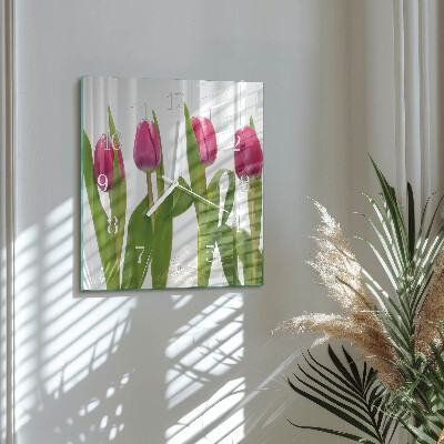Hodiny na skle čtvercové Tulipány