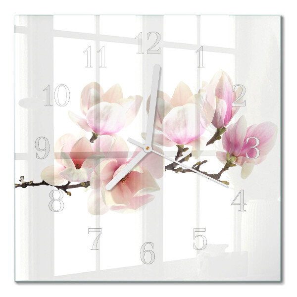 Čtvercové skleněné hodiny na stěnu Magnólie