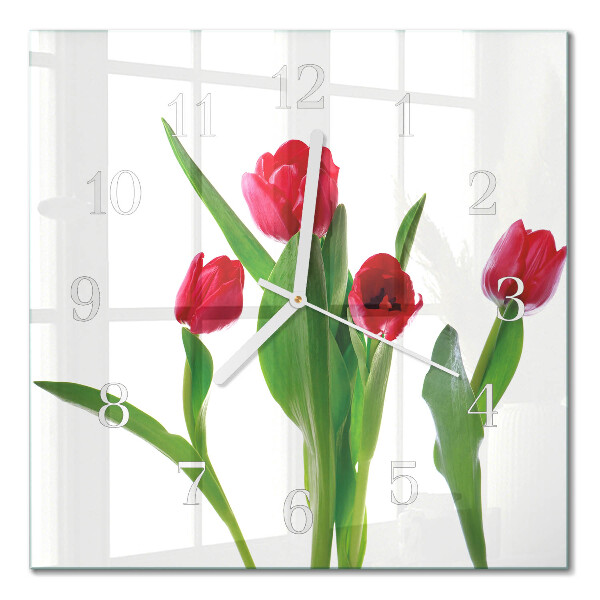 Čtvercové skleněné hodiny na stěnu Tulipány