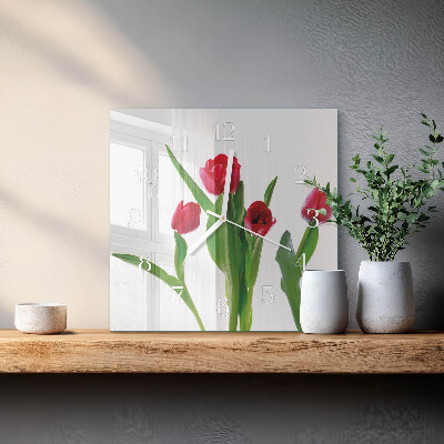 Čtvercové skleněné hodiny na stěnu Tulipány