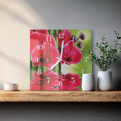 Čtvercové skleněné hodiny na stěnu Orchidej