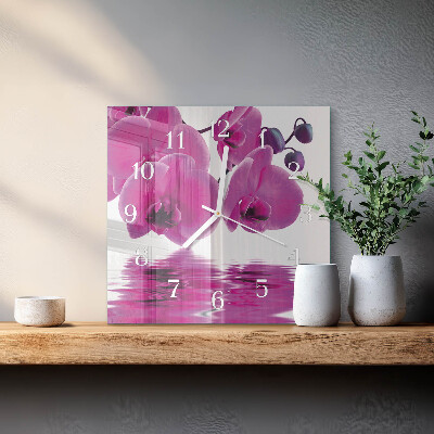 Čtvercové skleněné hodiny na stěnu Orchidej