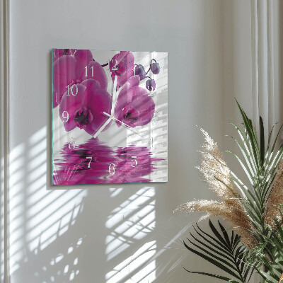 Čtvercové skleněné hodiny na stěnu Orchidej