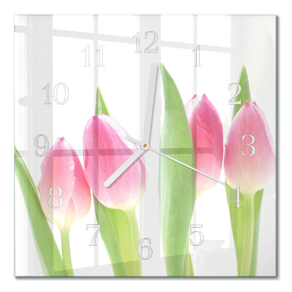 Nástěnné hodiny skleněné čtvercové Tulipány