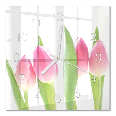 Nástěnné hodiny skleněné čtvercové Tulipány