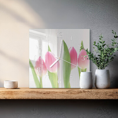 Nástěnné hodiny skleněné čtvercové Tulipány