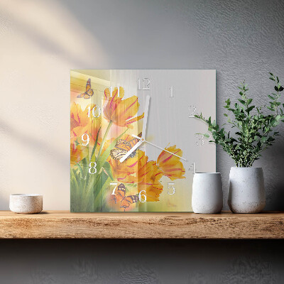 Čtvercové skleněné hodiny na zeď Tulipány