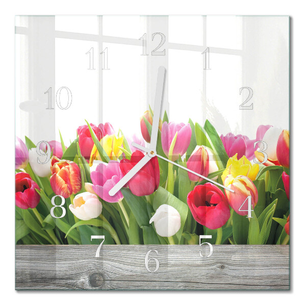 Čtvercové skleněné hodiny na stěnu Tulipány