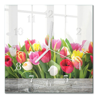 Čtvercové skleněné hodiny na stěnu Tulipány