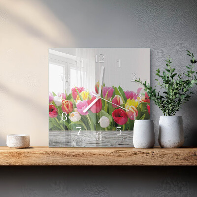 Čtvercové skleněné hodiny na stěnu Tulipány