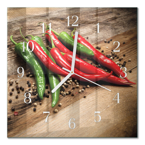Nástěnné hodiny skleněné čtvercové Chilli papričky