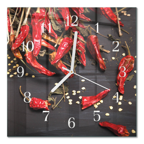Čtvercové skleněné hodiny na stěnu Chilli papričky