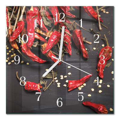 Čtvercové skleněné hodiny na stěnu Chilli papričky