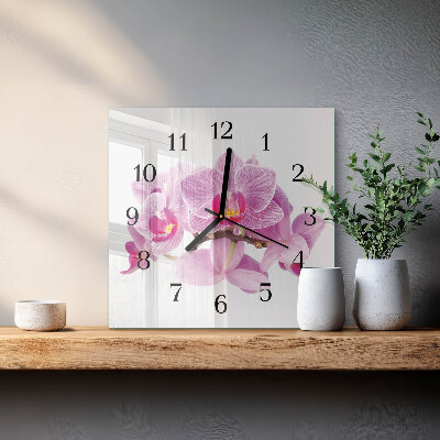 Nástěnné hodiny skleněné čtvercové Orchideje