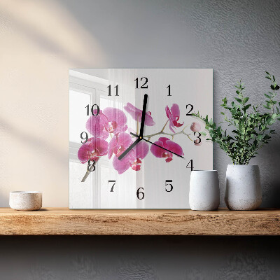 Čtvercové skleněné hodiny na zeď Orchidej