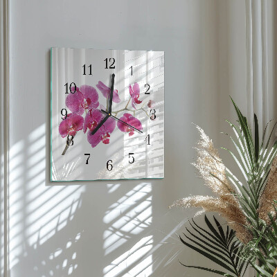 Čtvercové skleněné hodiny na zeď Orchidej