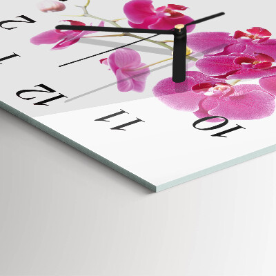 Čtvercové skleněné hodiny na zeď Orchidej