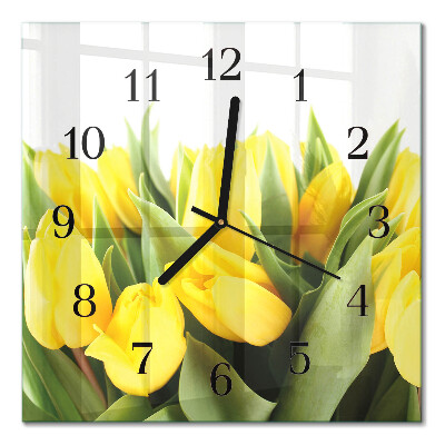 Čtvercové skleněné hodiny na stěnu Tulipány