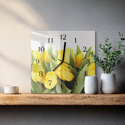 Čtvercové skleněné hodiny na stěnu Tulipány