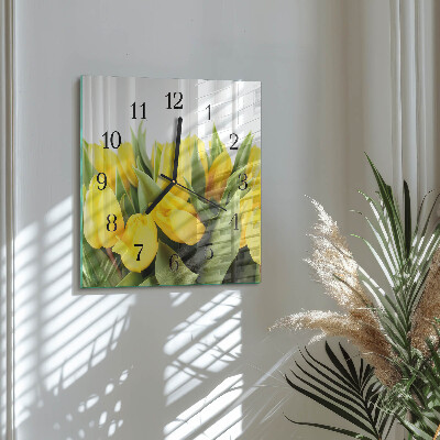 Čtvercové skleněné hodiny na stěnu Tulipány