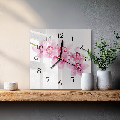 Čtvercové skleněné hodiny na zeď Orchidej