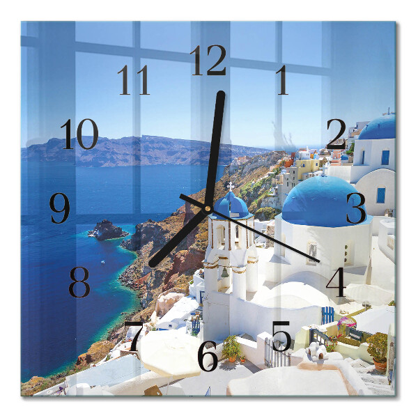 Hodiny s fotkou skleněné čtvercové Santorini