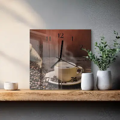 Čtvercové skleněné hodiny na stěnu Káva