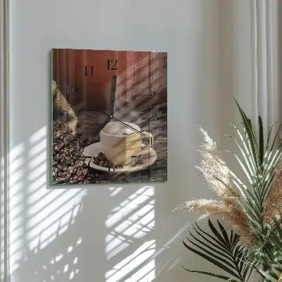 Čtvercové skleněné hodiny na stěnu Káva