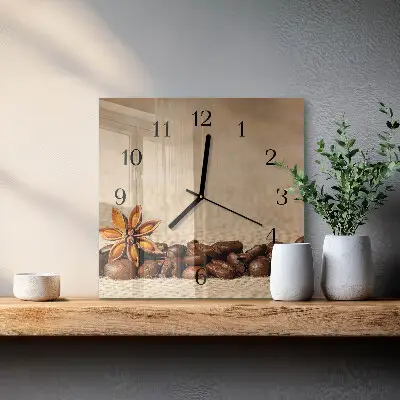 Hodiny na skle čtvercové Kávová zrna