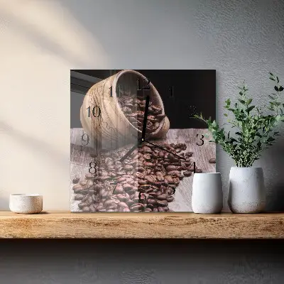 Čtvercové skleněné hodiny na stěnu Kávová zrna