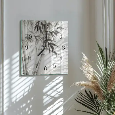 Čtvercové skleněné hodiny na zeď Bambus