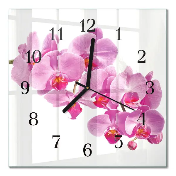 Čtvercové skleněné hodiny na zeď Orchidej