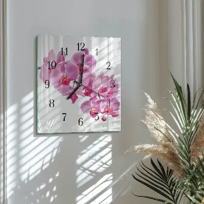Čtvercové skleněné hodiny na zeď Orchidej