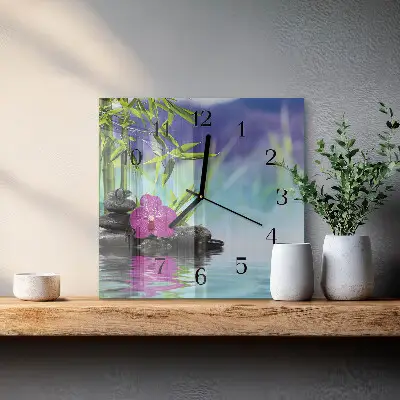 Hodiny na skle čtvercové Lázně s orchidejími