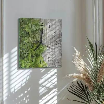 Čtvercové skleněné hodiny na stěnu Bylinky