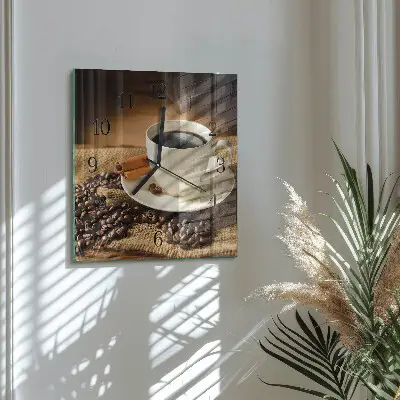 Čtvercové skleněné hodiny na stěnu Káva