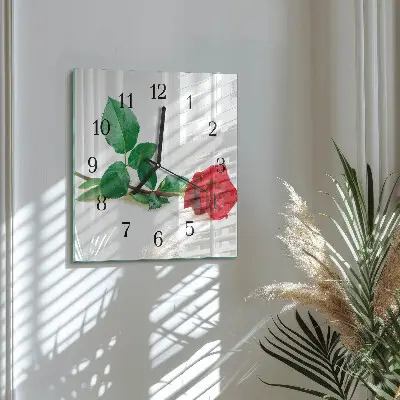 Čtvercové skleněné hodiny na zeď Růže