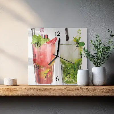 Čtvercové skleněné hodiny na zeď Koktejly