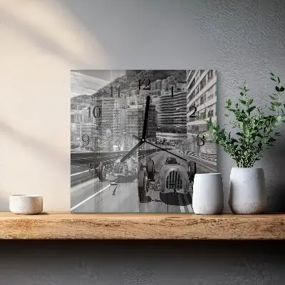 Čtvercové skleněné hodiny na zeď Závodní auto