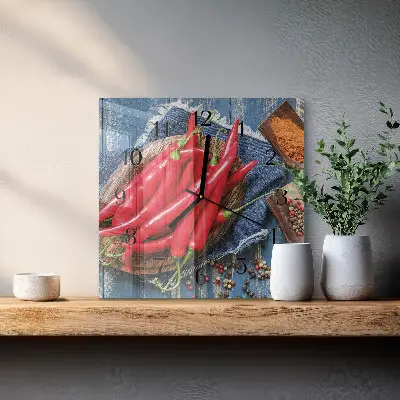 Čtvercové skleněné hodiny na zeď Chilli paprička