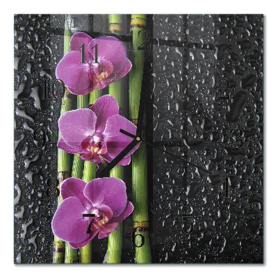Čtvercové skleněné hodiny na stěnu Orchidej