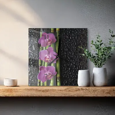 Čtvercové skleněné hodiny na stěnu Orchidej