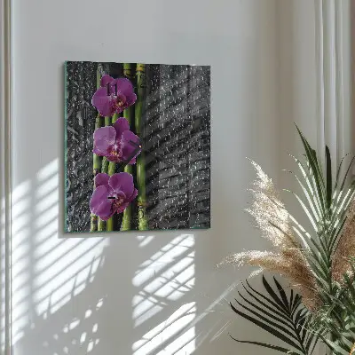 Čtvercové skleněné hodiny na stěnu Orchidej
