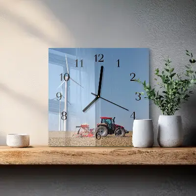 Čtvercové skleněné hodiny na zeď Traktorové pole