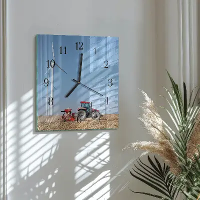 Čtvercové skleněné hodiny na zeď Traktorové pole