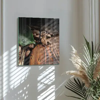 Čtvercové skleněné hodiny na stěnu Kávová zrna