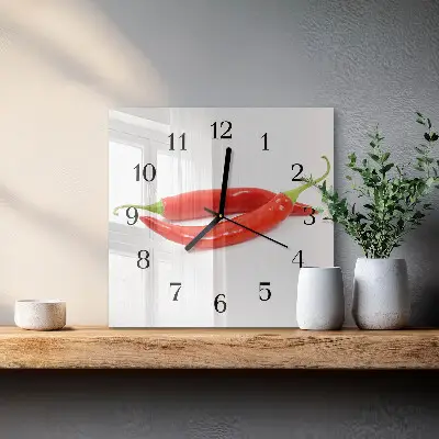 Čtvercové skleněné hodiny na zeď Chilli paprička